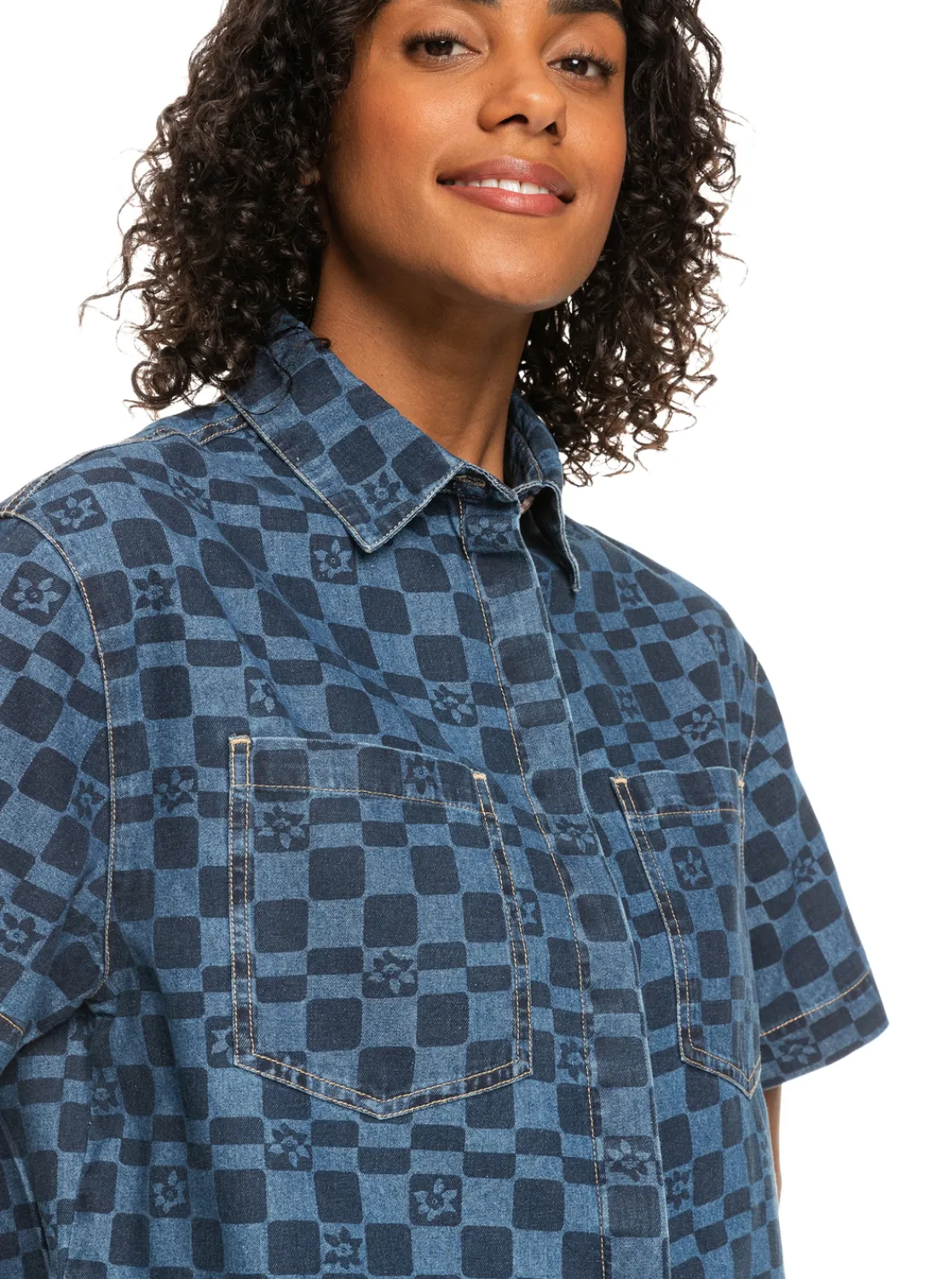 Roxy T-Shirts & Tops*Blue Wave Club Printed - Denim Overhemd Met Korte Mouw Voor Dames Mood Indigo Sol Power