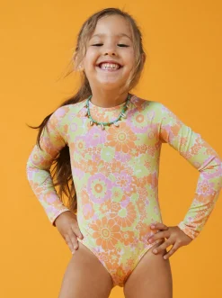 Roxy Surf*Happiness Feeling - Long Sleeve One-Piece Rashguard For Girls 2-7 Mock Orange Piece Of Paradise